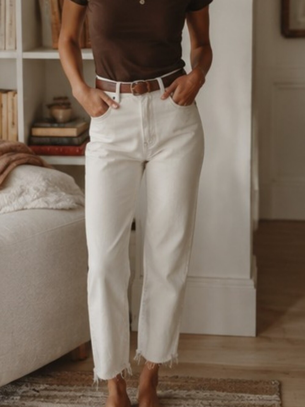 $268 Isabel Marant Ecru Straight Leg Raw Hem Parisian Crop 34 US 2 High Rise